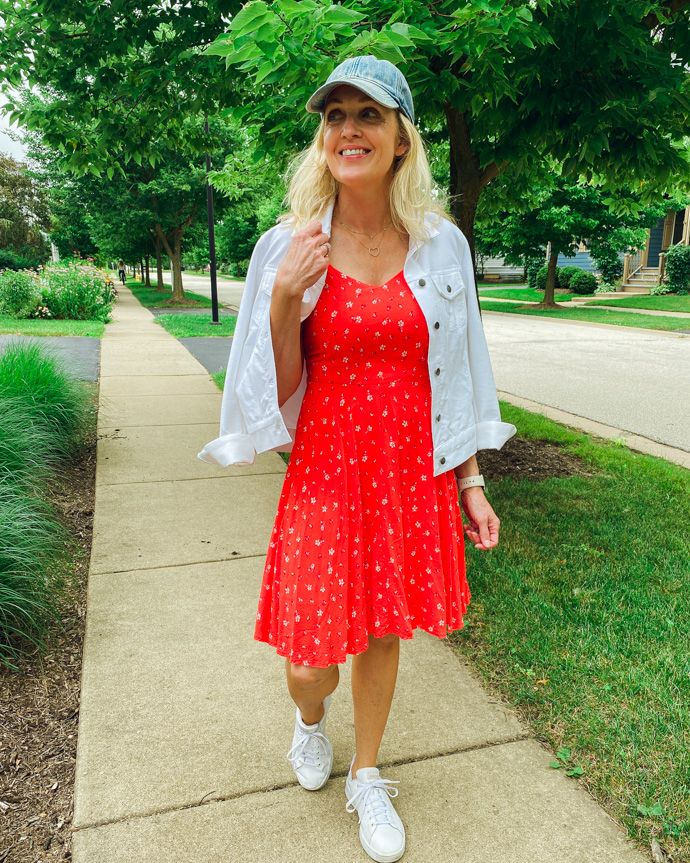 Red dress white jacket on sale